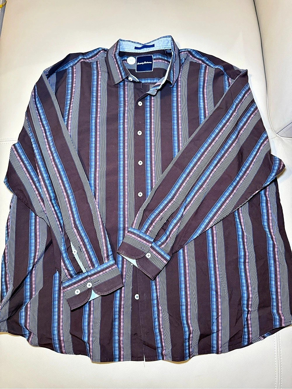 Tommy Bahama Striped Button Down Shirt Brown & Blue 2XL Like New